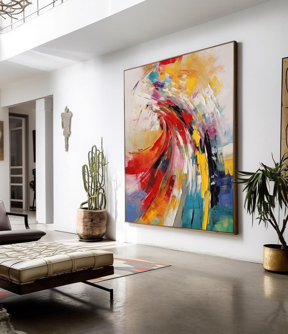 Vibrant Abstract Oil Painting with Dynamic Swirls and Bold Colors for Modern Decor