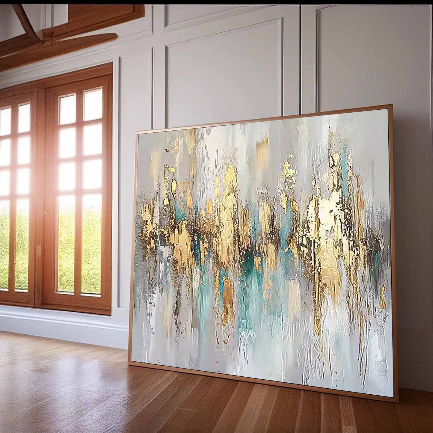 Stunning Abstract Oil Painting in Gold and Teal for Modern Home Decor