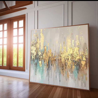 Stunning Gold and Blue Abstract Oil Painting for Modern Home Decor