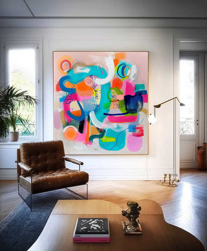 Vibrant Abstract Oil Painting with Colorful Shapes and Textures for Modern Decor