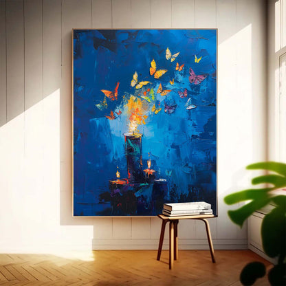 Vibrant Abstract Oil Painting with Candles and Butterflies on Deep Blue Canvas