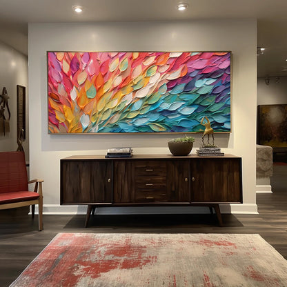 Vibrant Abstract Oil Painting with Colorful Leaf-Like Textures for Modern Decor