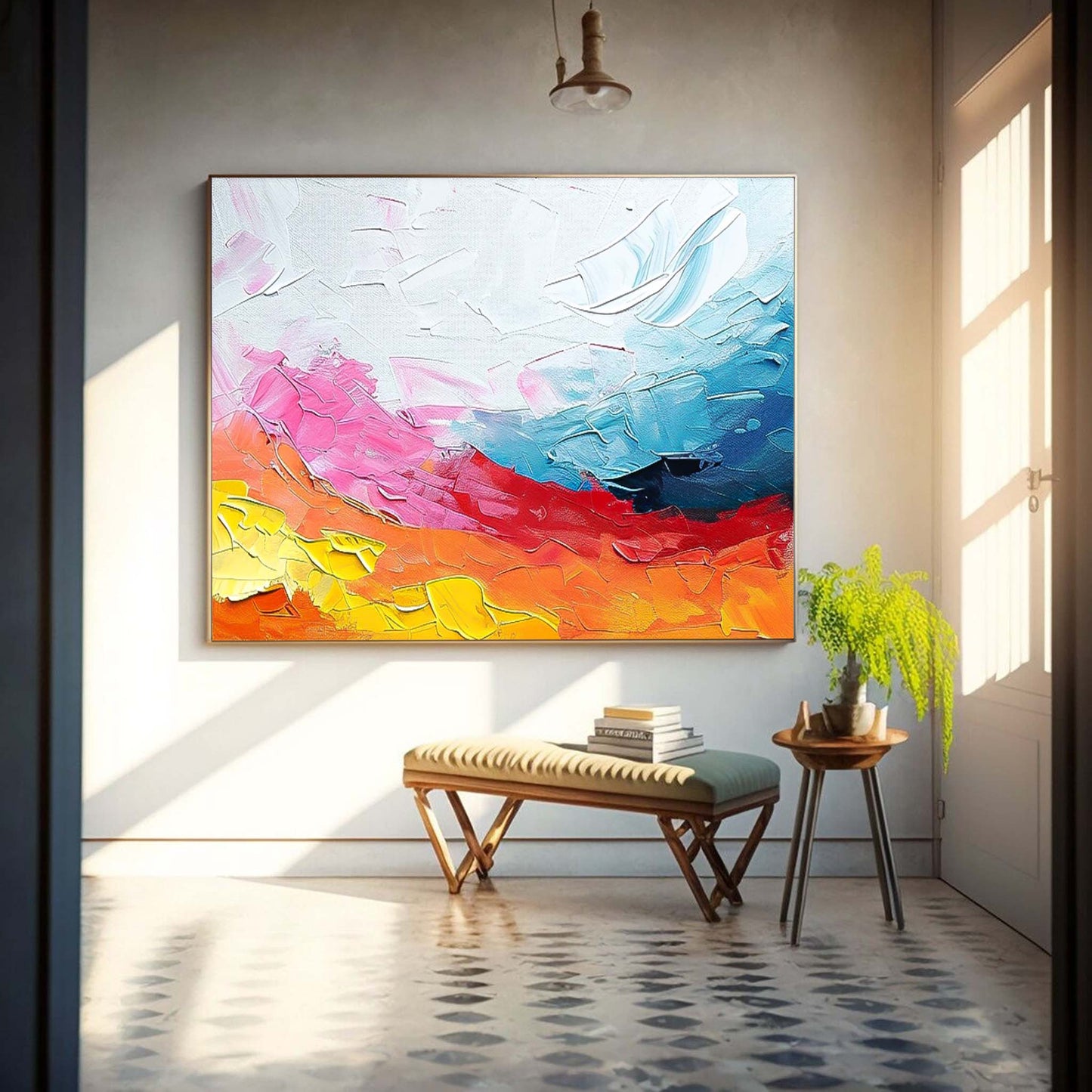 Vibrant Abstract Oil Painting with Dynamic Colorful Waves and Textured Finish