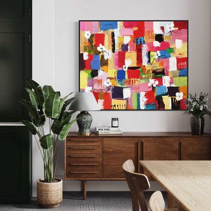 Colorful Abstract Oil Painting with Floral Elements for Modern Home Decor