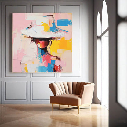 Vibrant Abstract Portrait with Hat – Colorful Oil Painting for Modern Home Decor