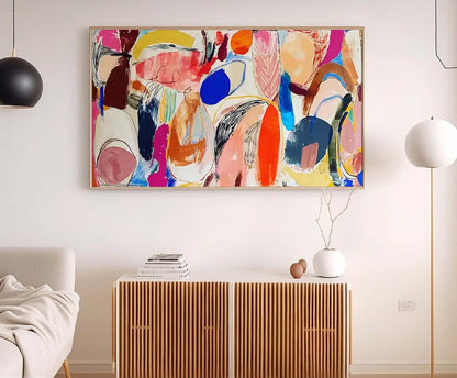 Vibrant Abstract Oil Painting with Dynamic Shapes and Bold Colors for Modern Decor