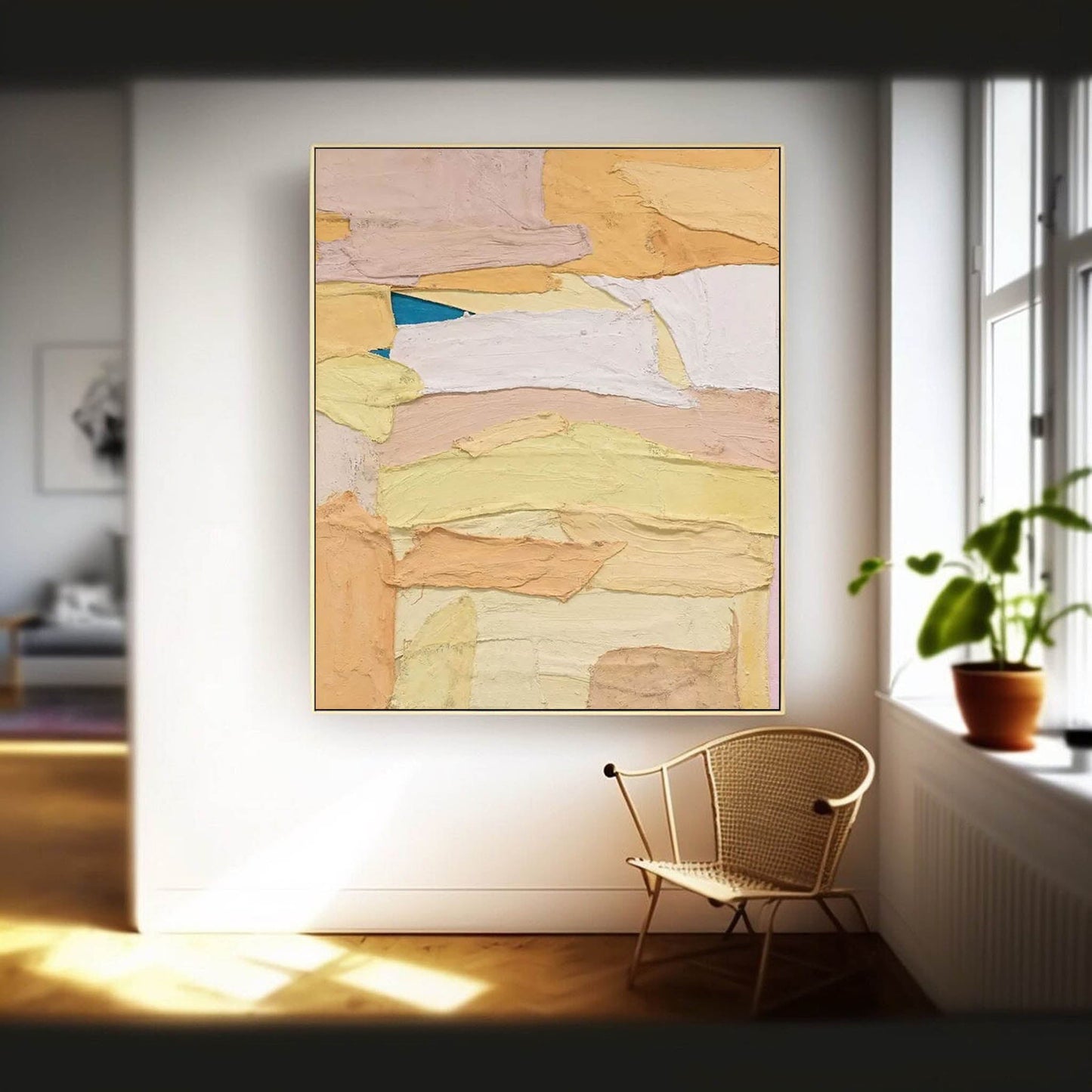 Vibrant Abstract Oil Painting on Canvas with Soft Pastel Colors and Dynamic Texture