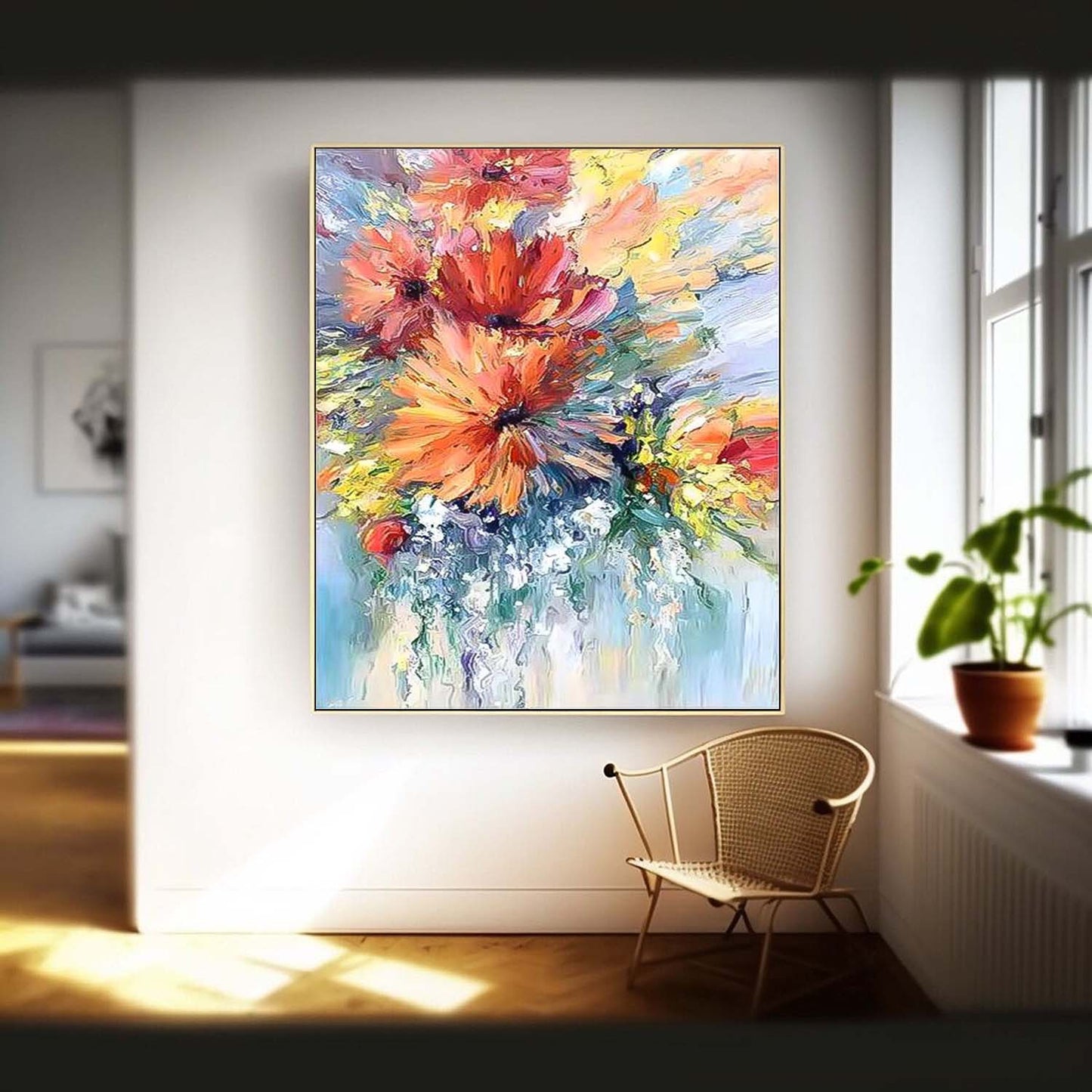 Vibrant Floral Explosion: Colorful Oil Painting for Home Décor and Art Lovers