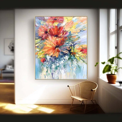 Vibrant Floral Explosion: Colorful Oil Painting for Home Décor and Art Lovers