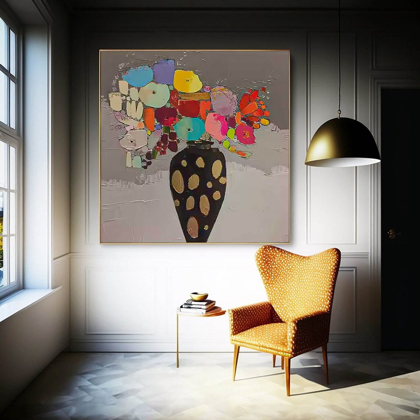 Vibrant Floral Still Life Oil Painting in Elegant Black Vase for Home Decor