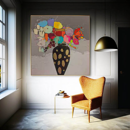 Vibrant Floral Still Life Oil Painting in Elegant Black Vase for Home Decor