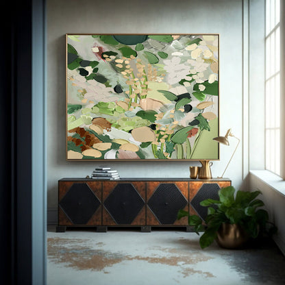 Botanical Elegance: Serene Green and White Floral Oil Painting for Home Decor