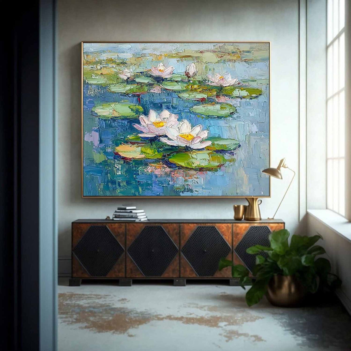 Vibrant Lotus Flowers on Tranquil Water – Handmade Oil Painting for Home Decor