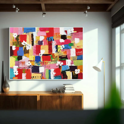Colorful Abstract Oil Painting with Floral Elements for Modern Home Decor