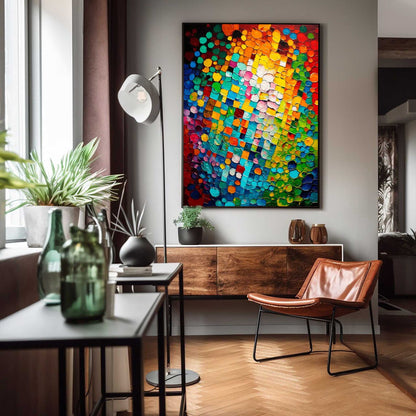 Vibrant Abstract Oil Painting with Colorful Mosaic Texture for Modern Home Decor