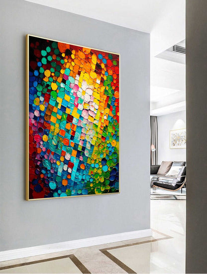 Vibrant Abstract Oil Painting with Colorful Mosaic Texture for Modern Home Decor