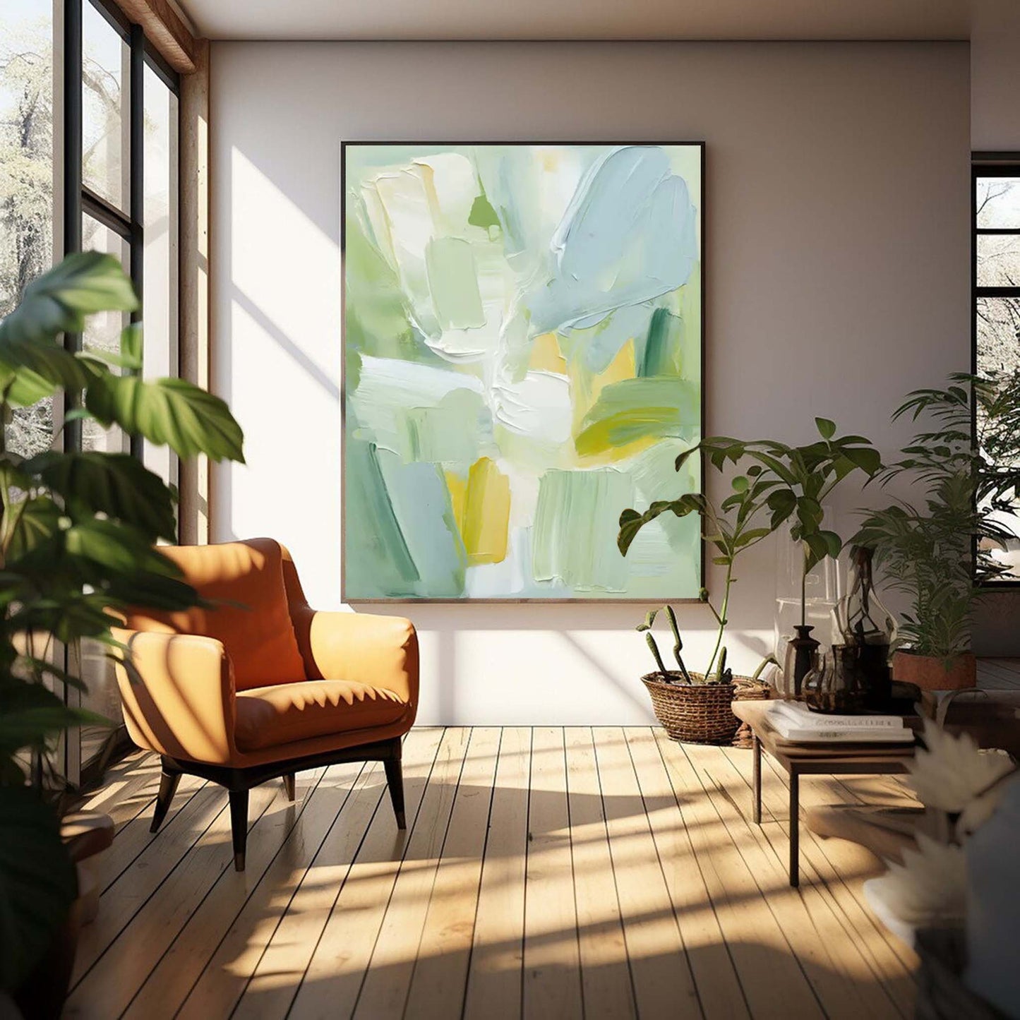 Serene Abstract Oil Painting in Soft Greens and Yellows for Modern Home Decor