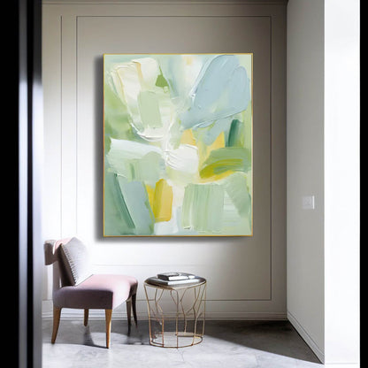 Serene Abstract Oil Painting in Soft Greens and Yellows for Modern Home Decor