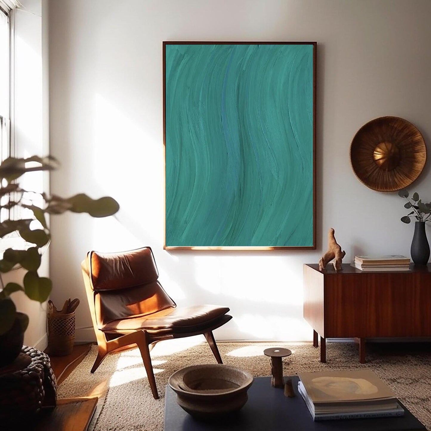 Serene Abstract Oil Painting in Tranquil Teal Tones for Modern Home Decor