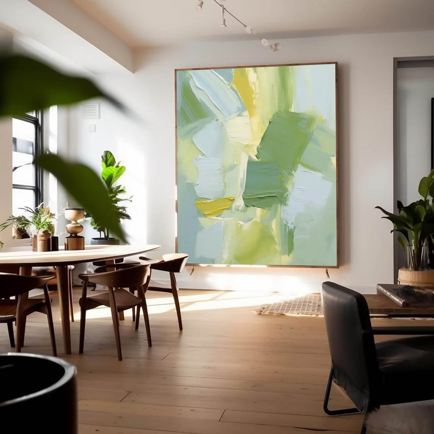 Serene Abstract Oil Painting in Soft Green and Yellow Hues for Modern Decor