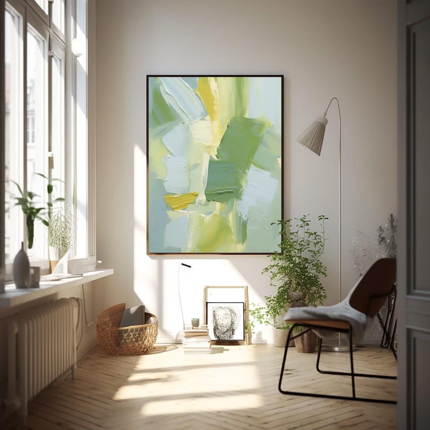 Serene Abstract Oil Painting in Soft Green and Yellow Hues for Modern Decor