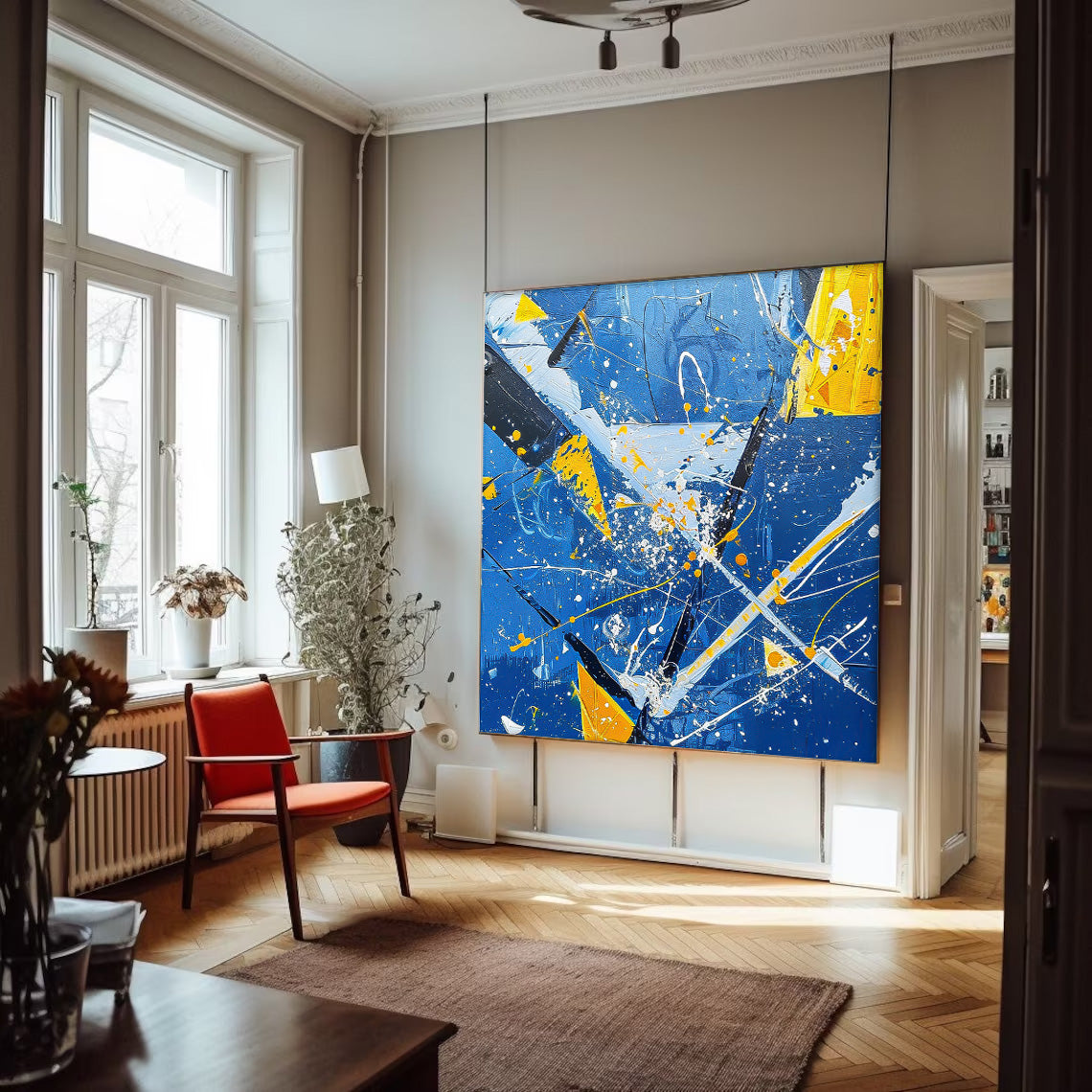 Vibrant Blue and Yellow Abstract Oil Painting for Modern Home Decor