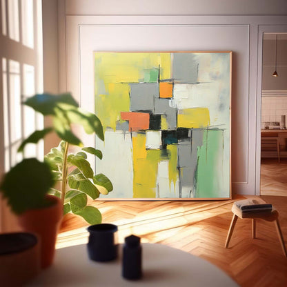 Vibrant Abstract Oil Painting with Geometric Shapes and Bold Colors for Modern Decor