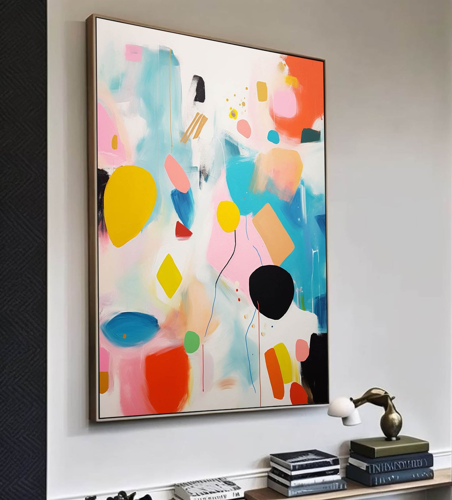 Vibrant Abstract Oil Painting with Colorful Shapes and Whimsical Patterns for Modern Decor