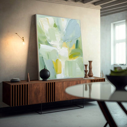 Serene Abstract Oil Painting in Soft Greens and Yellows for Modern Home Decor