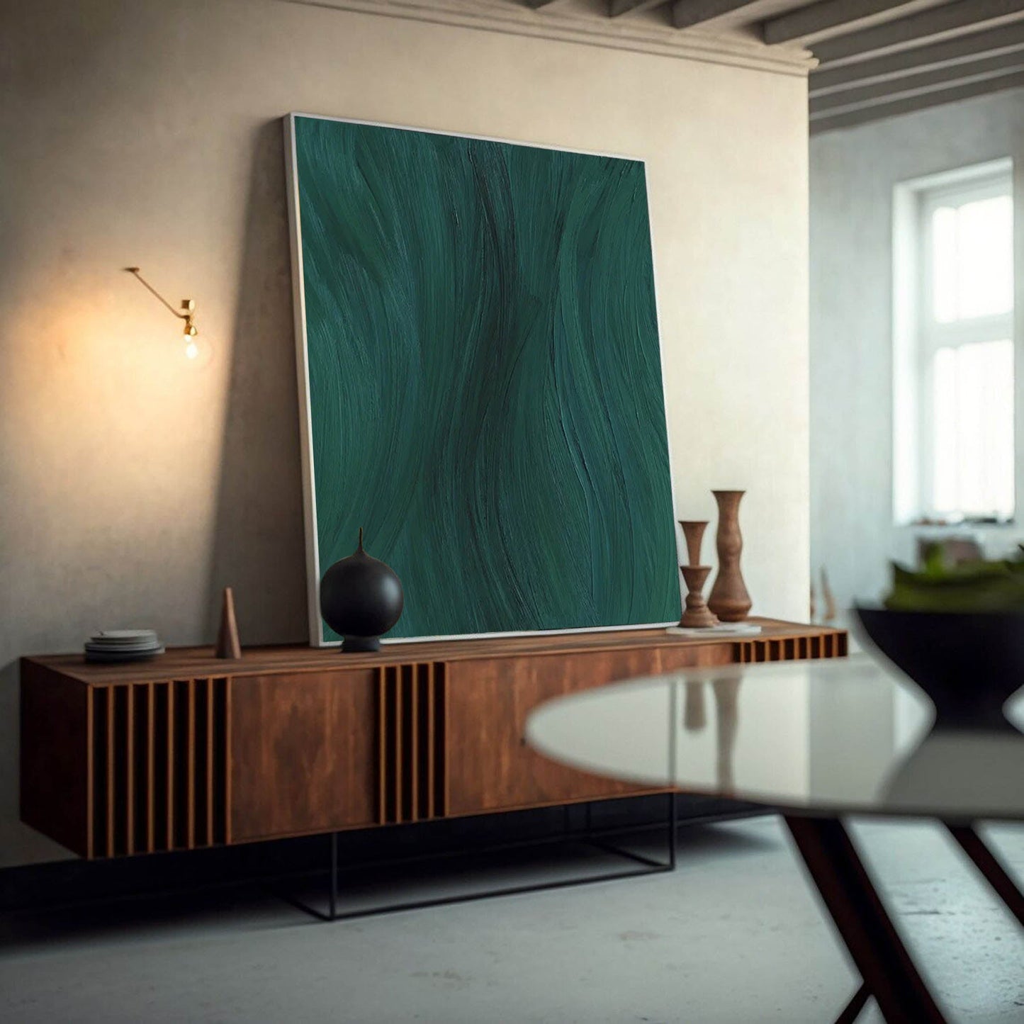 Abstract Green Waves - Elegant Minimalist Oil Painting for Modern Decor