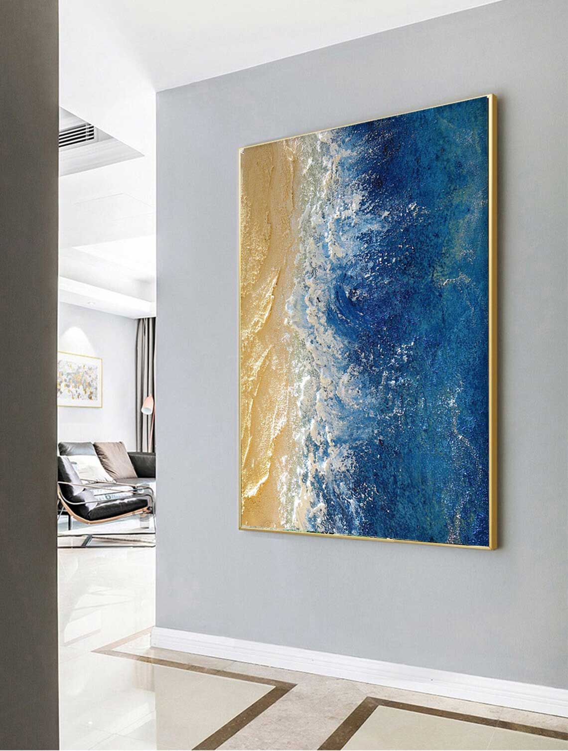 Serene Beach Waves Oil Painting for Coastal Home Decor