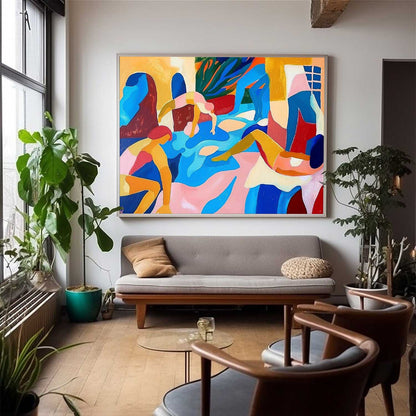 Vibrant Abstract Oil Painting of Leisurely Figures in a Colorful Setting