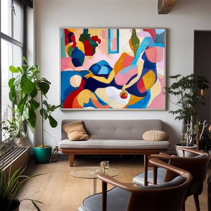 Vibrant Abstract Oil Painting of Figures and Still Life for Modern Art Lovers