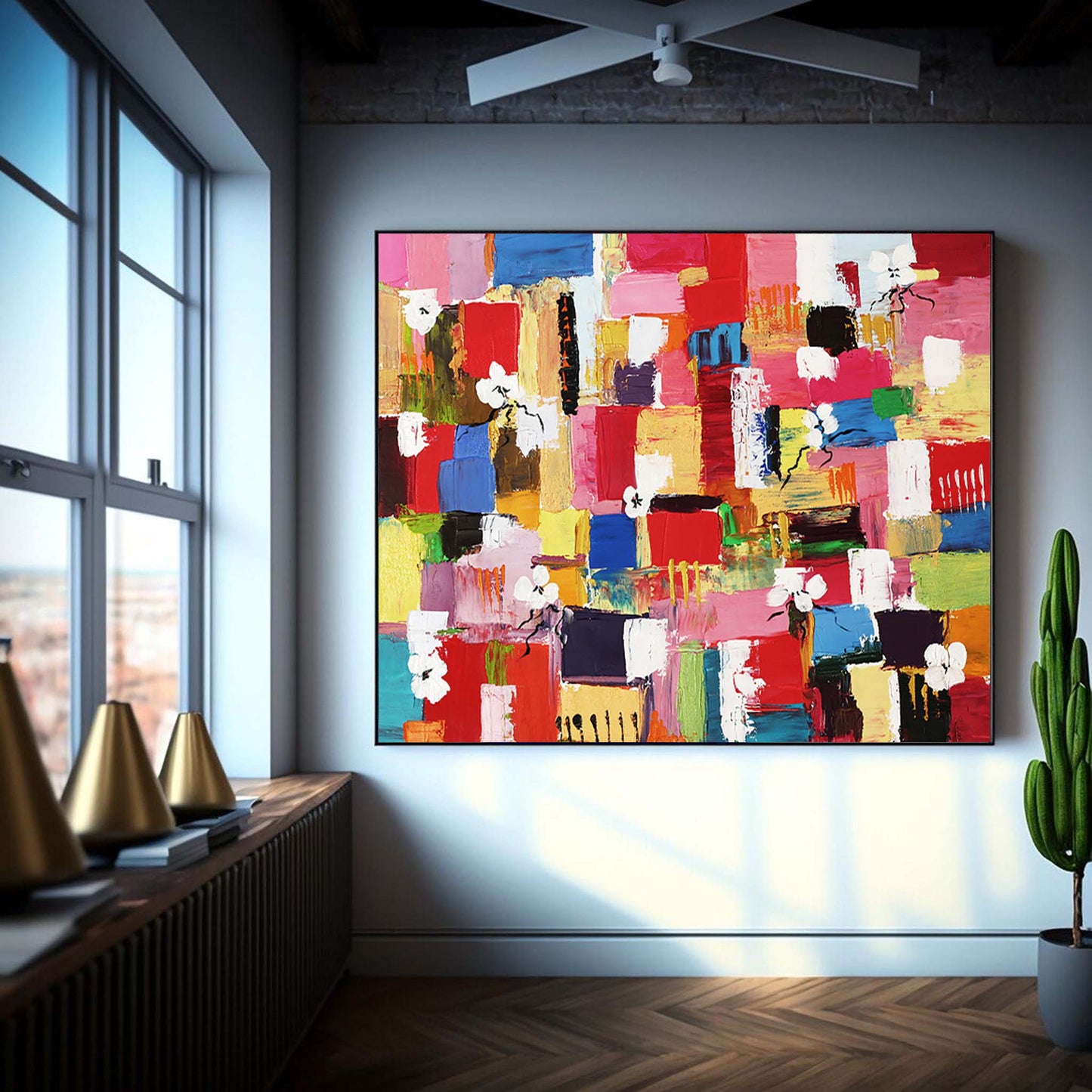 Colorful Abstract Oil Painting with Floral Elements for Modern Home Decor