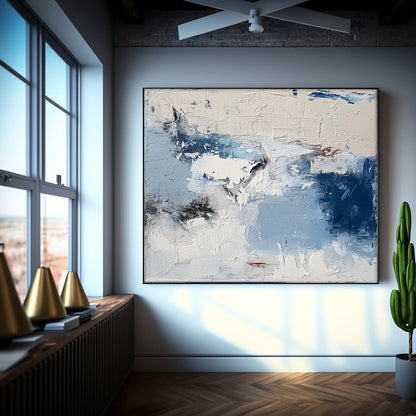 Serene Abstract Oil Painting with Blue and White Tones for Modern Home Decor