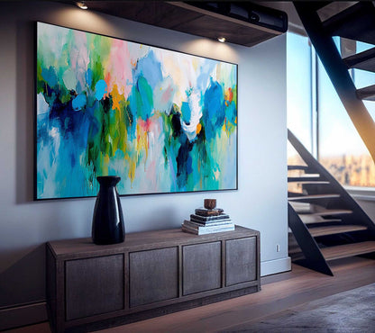 Vibrant Abstract Oil Painting with Fluid Brushstrokes and Colorful Texture for Modern Decor