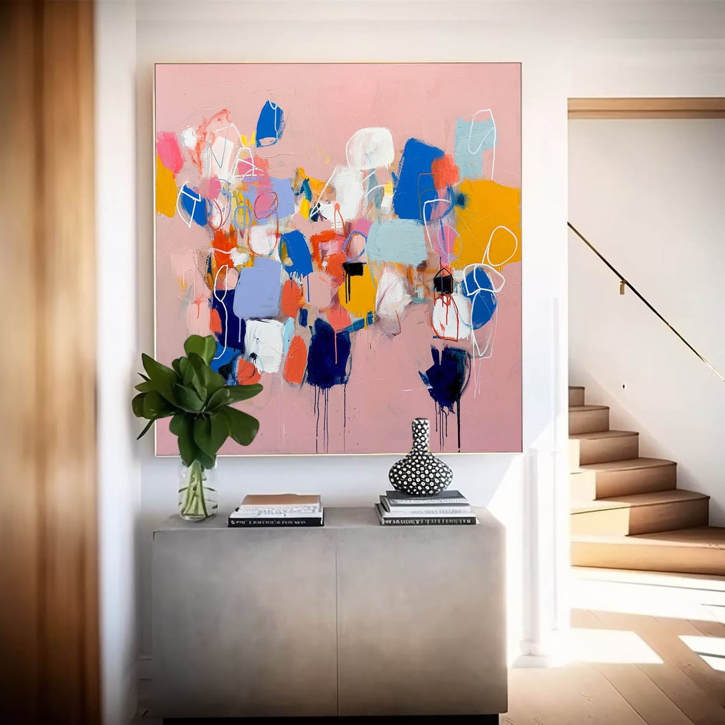 Vibrant Abstract Oil Painting with Soft Pastels and Bold Shapes for Modern Decor