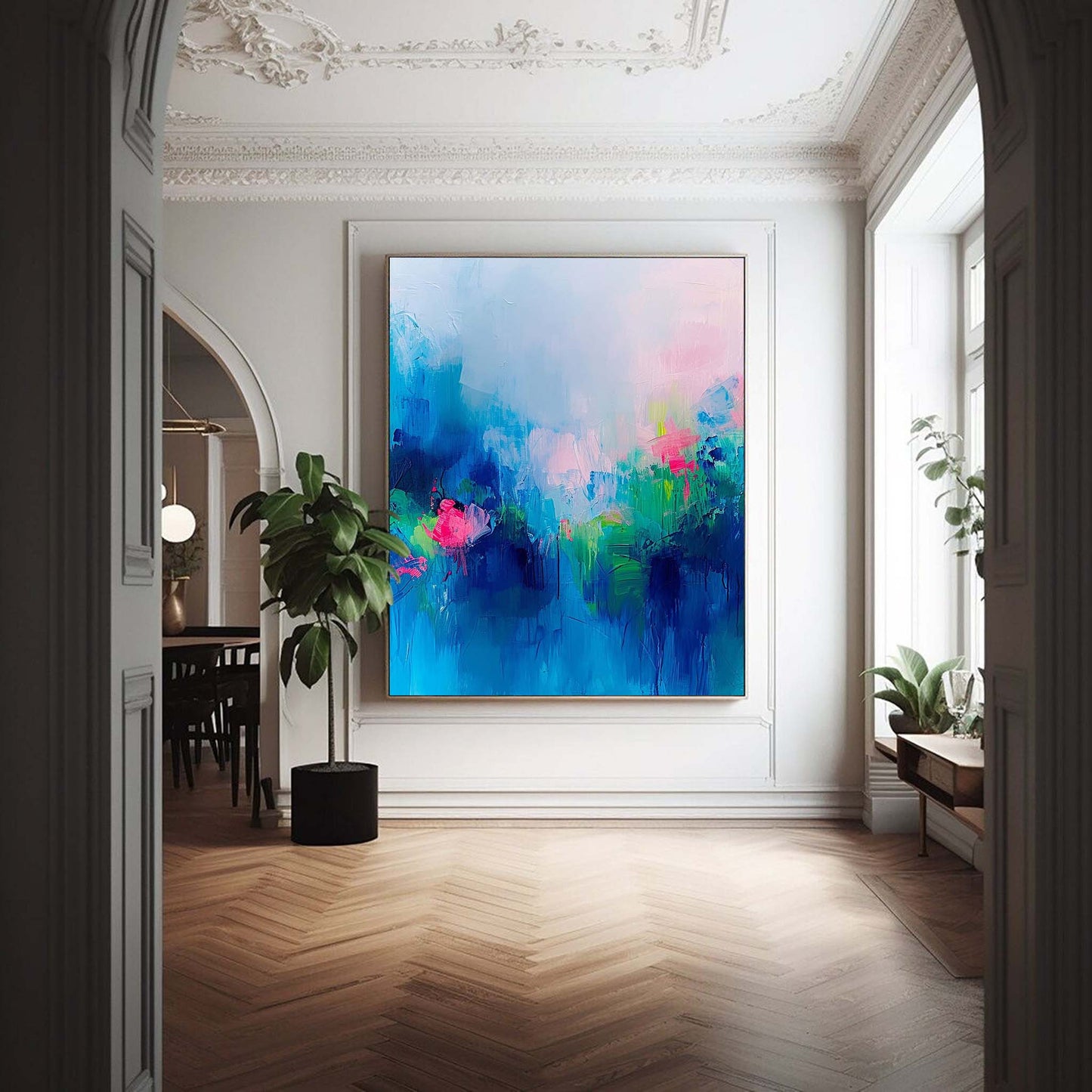 Vibrant Abstract Floral Oil Painting in Blue and Pink Tones for Home Décor