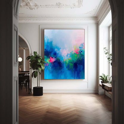 Vibrant Abstract Floral Oil Painting in Blue and Pink Tones for Home Décor