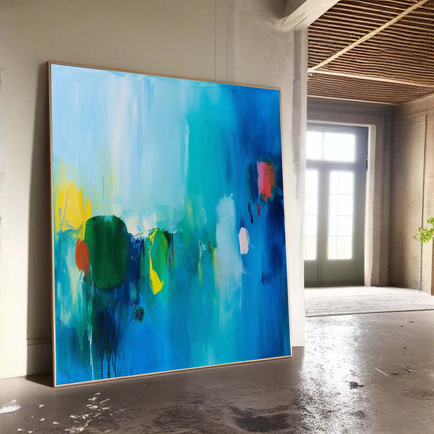 Vibrant Abstract Oil Painting with Blue and Green Hues for Modern Home Decor