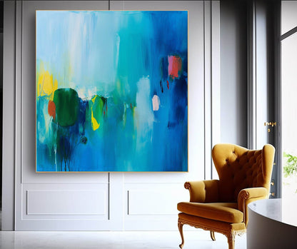 Vibrant Abstract Oil Painting with Blue and Green Hues for Modern Home Decor