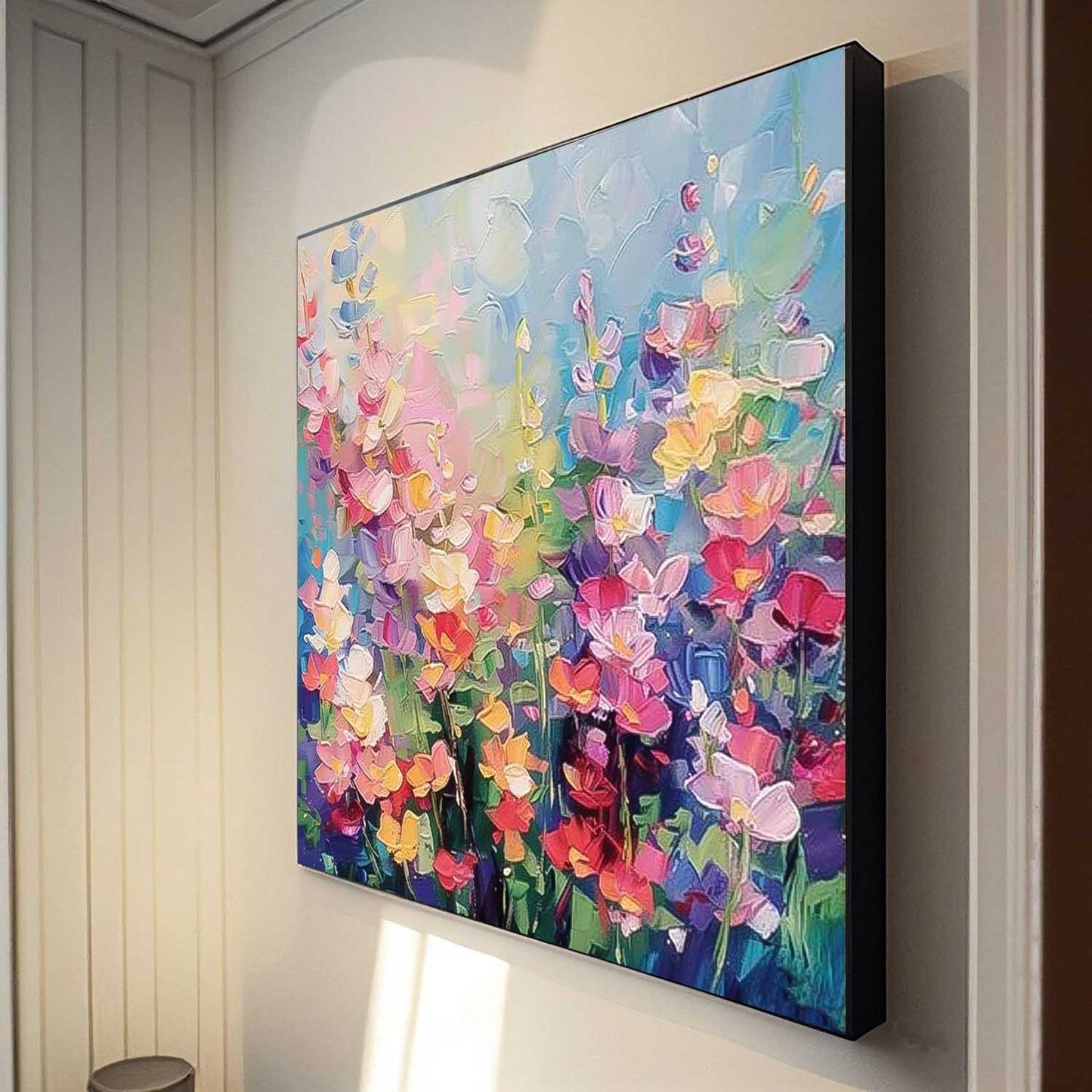 Vibrant Floral Oil Painting with Colorful Blooms and Lush Garden Background