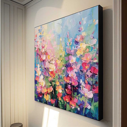 Vibrant Floral Oil Painting with Colorful Blooms and Lush Garden Background
