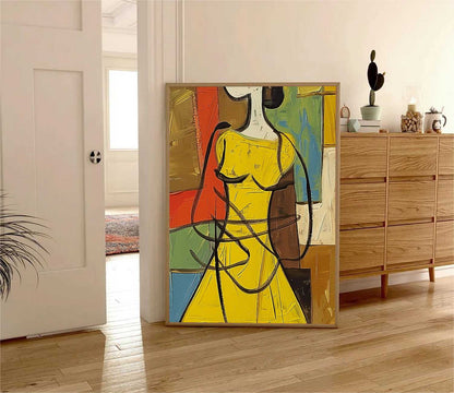 Vibrant Woman in Yellow Dress Abstract Oil Painting for Contemporary Decor