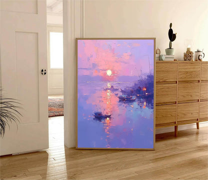 Serene Sunset Over Water: Vibrant Oil Painting of Boats and Reflections
