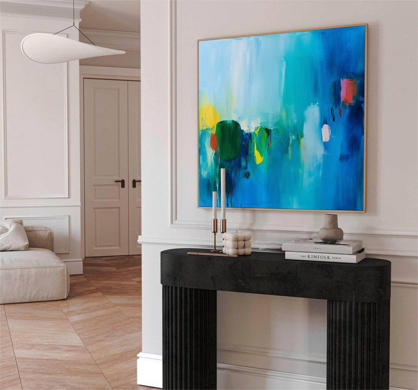 Vibrant Abstract Oil Painting with Blue and Green Hues for Modern Home Decor