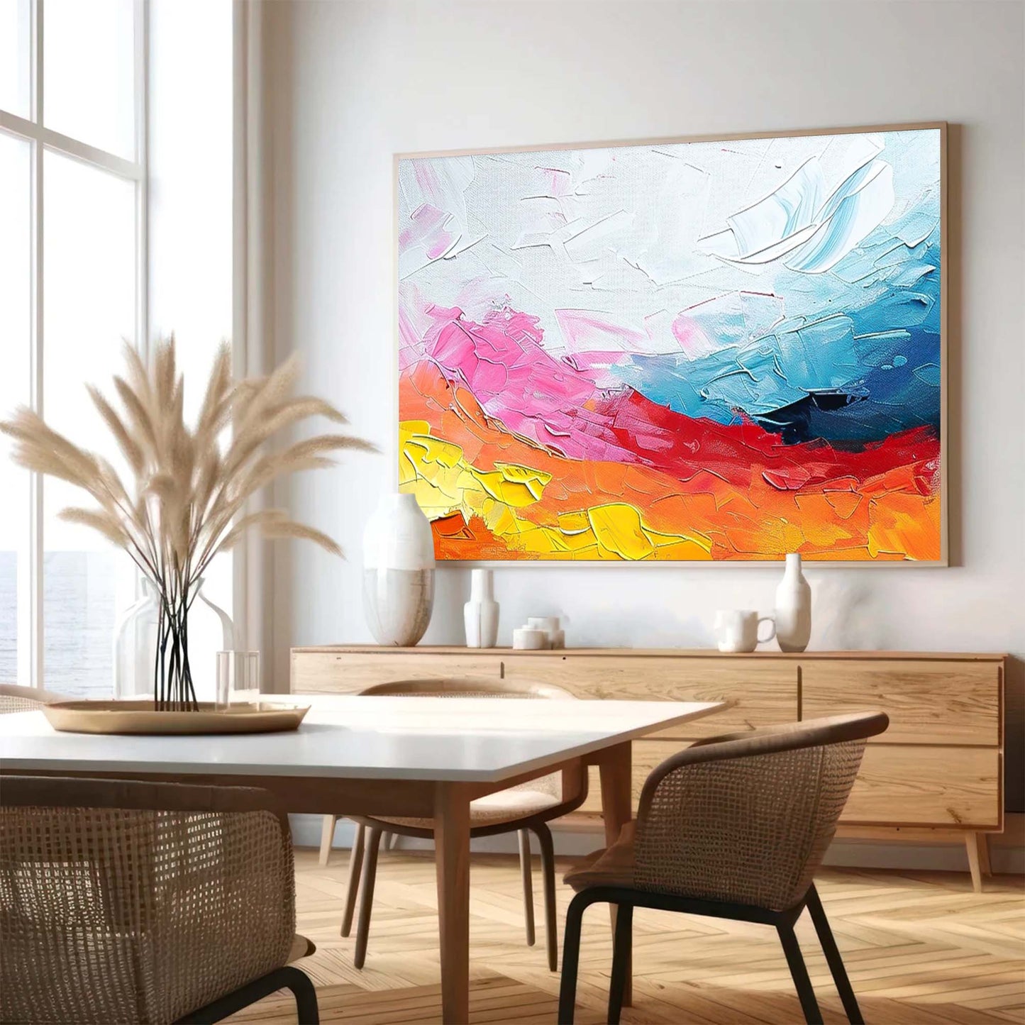 Vibrant Abstract Oil Painting with Dynamic Colorful Waves and Textured Finish