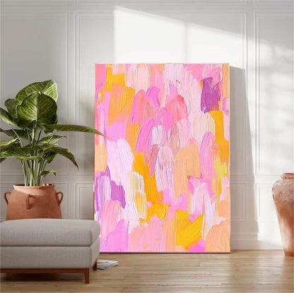 Vibrant Abstract Oil Painting in Pink and Yellow for Colorful Home Decor