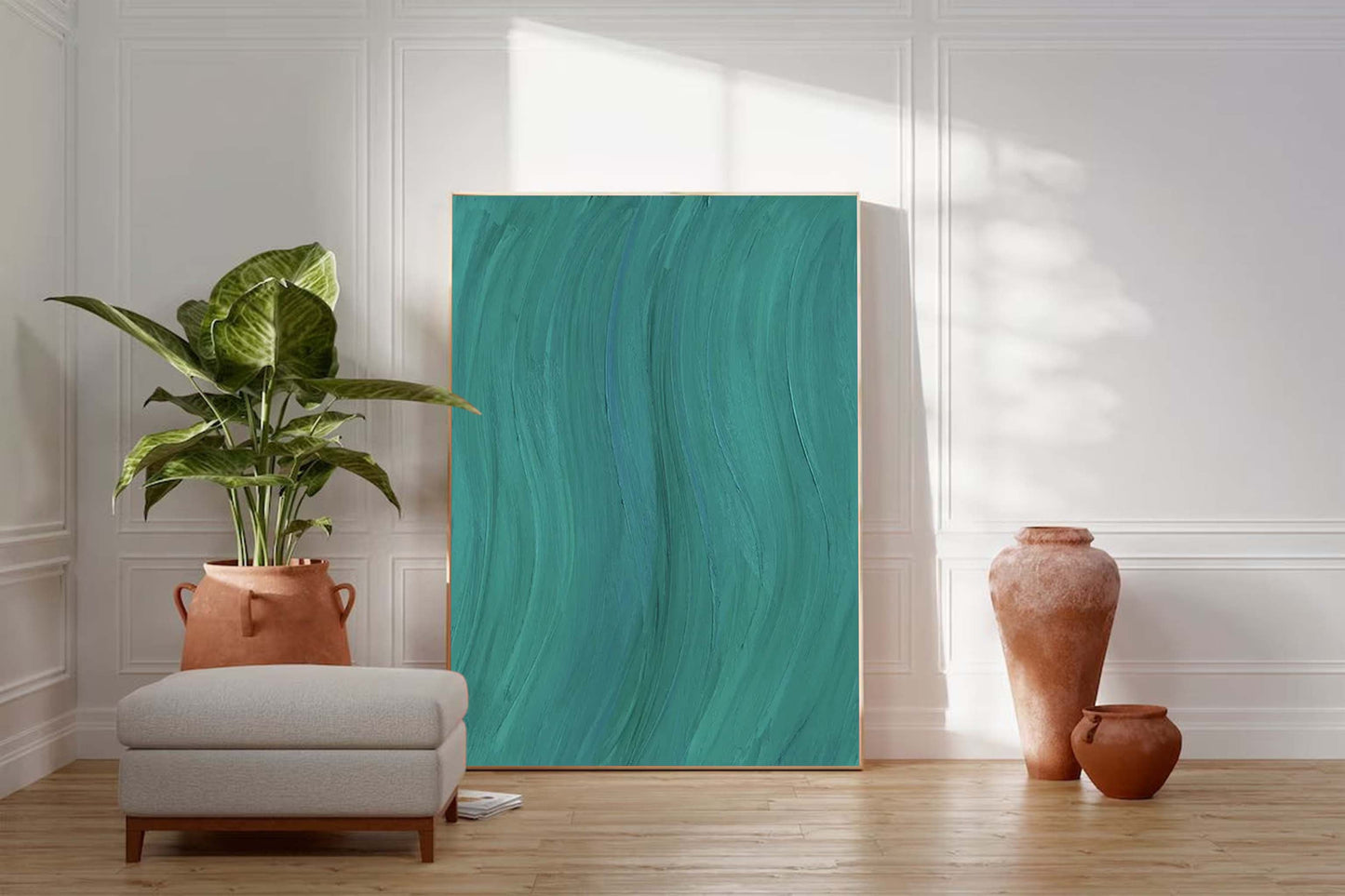 Serene Abstract Oil Painting in Tranquil Teal Tones for Modern Home Decor