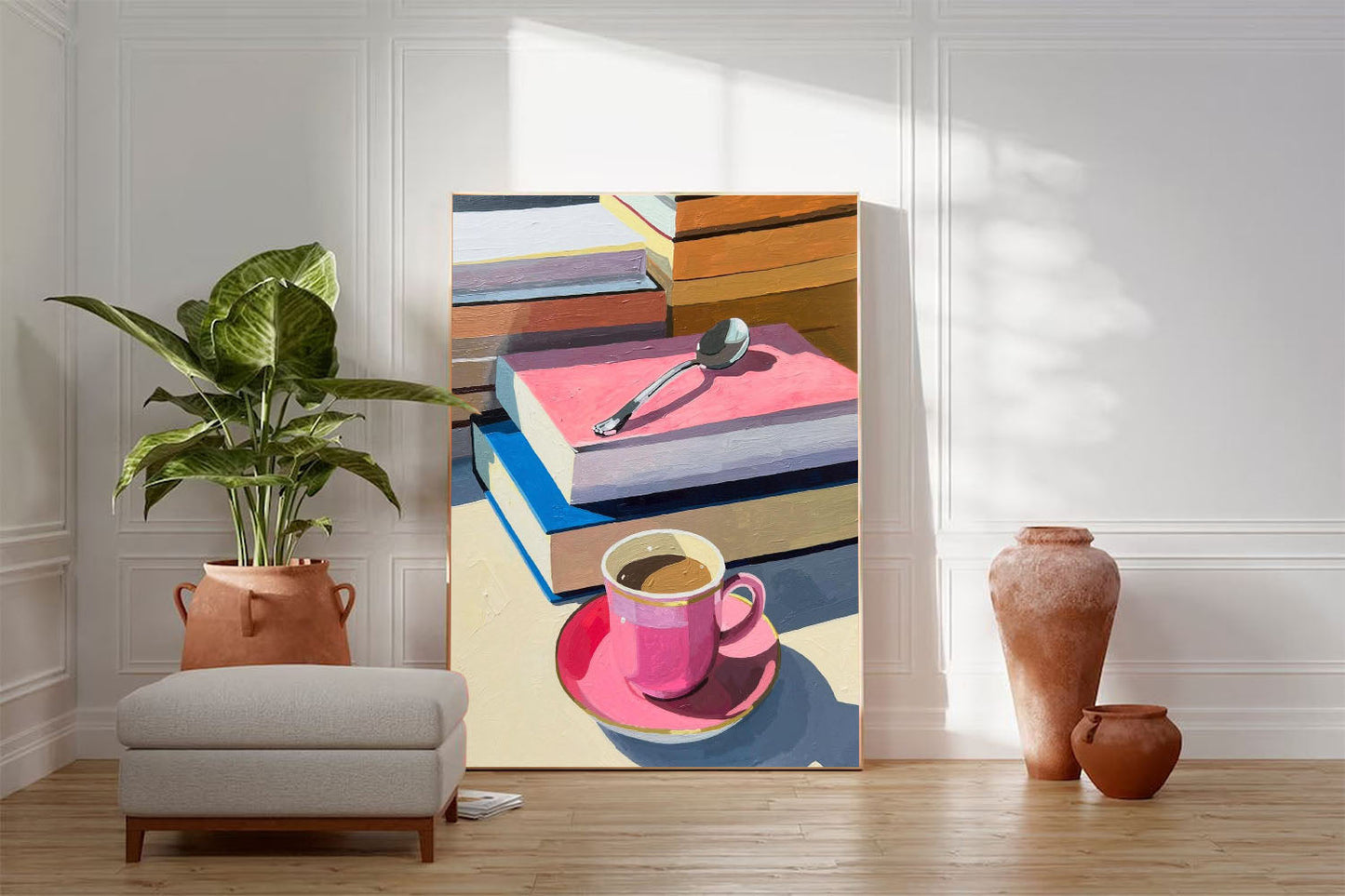 Vibrant Still Life with Coffee and Books - Modern Abstract Oil Painting